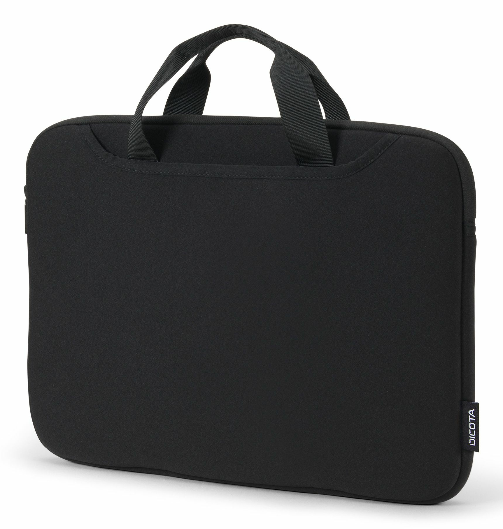 Black laptop bag with carrying handles and a white brand tag on a white background.