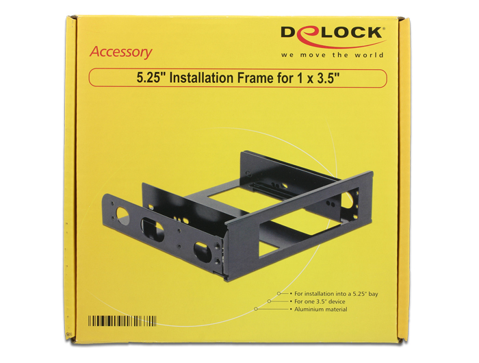 Gelbe Delock Produktverpackung für einen 5,25 Zoll Installationsrahmen mit abgebildetem schwarzem Rahmen.
