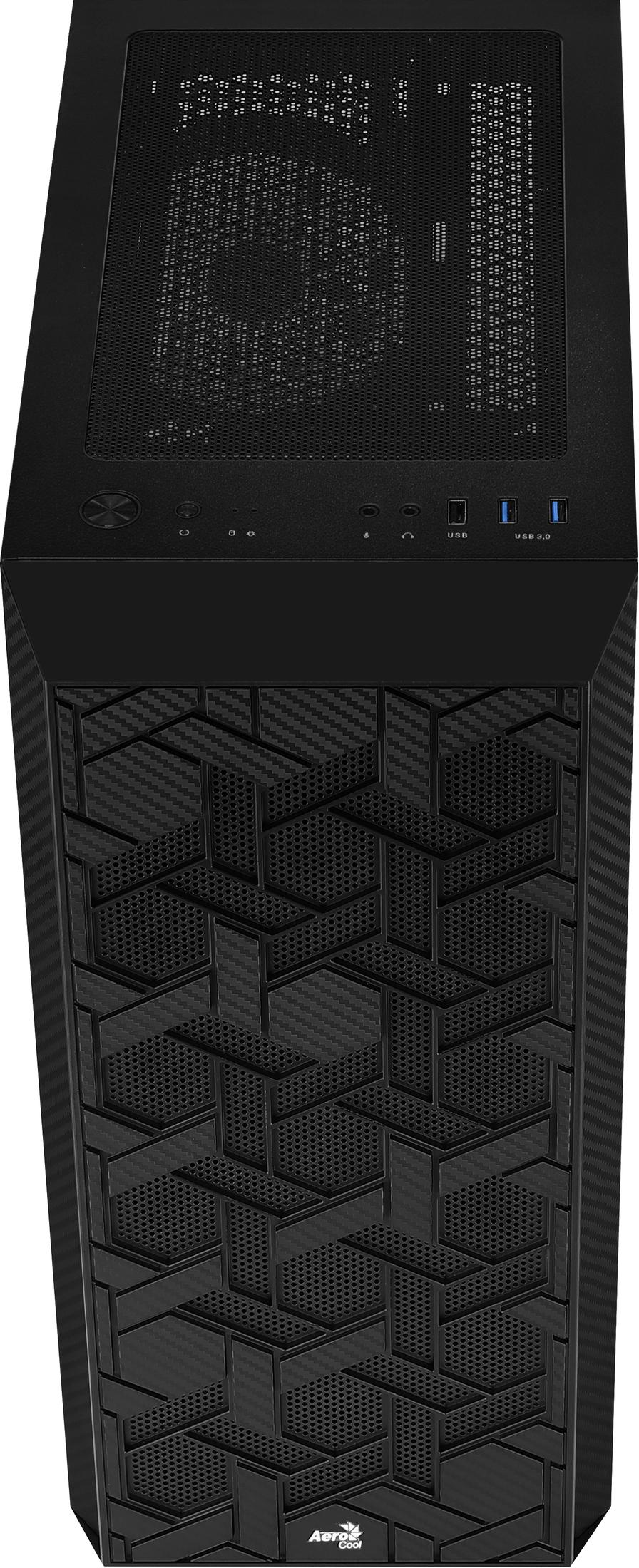 Black PC case featuring a geometric front panel design and a mesh top grille.
