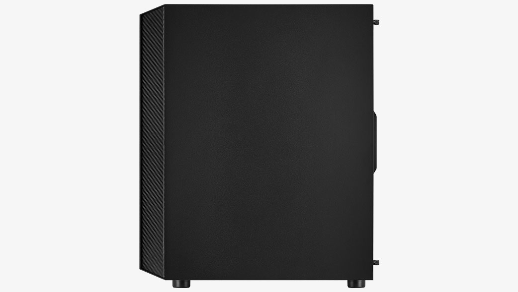 A closed black computer tower with a textured front panel on a white background.