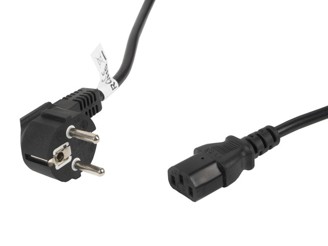 Cable de alimentación negro con un enchufe europeo y un conector C13 sobre fondo blanco.