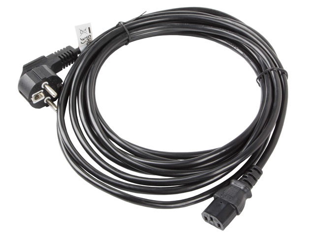 Un cable de alimentación negro largo con un enchufe y un conector sobre fondo blanco.