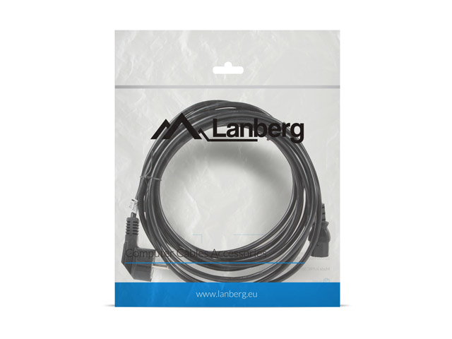 Un cable de alimentación negro enrollado de Lanberg dentro de una bolsa de plástico transparente.