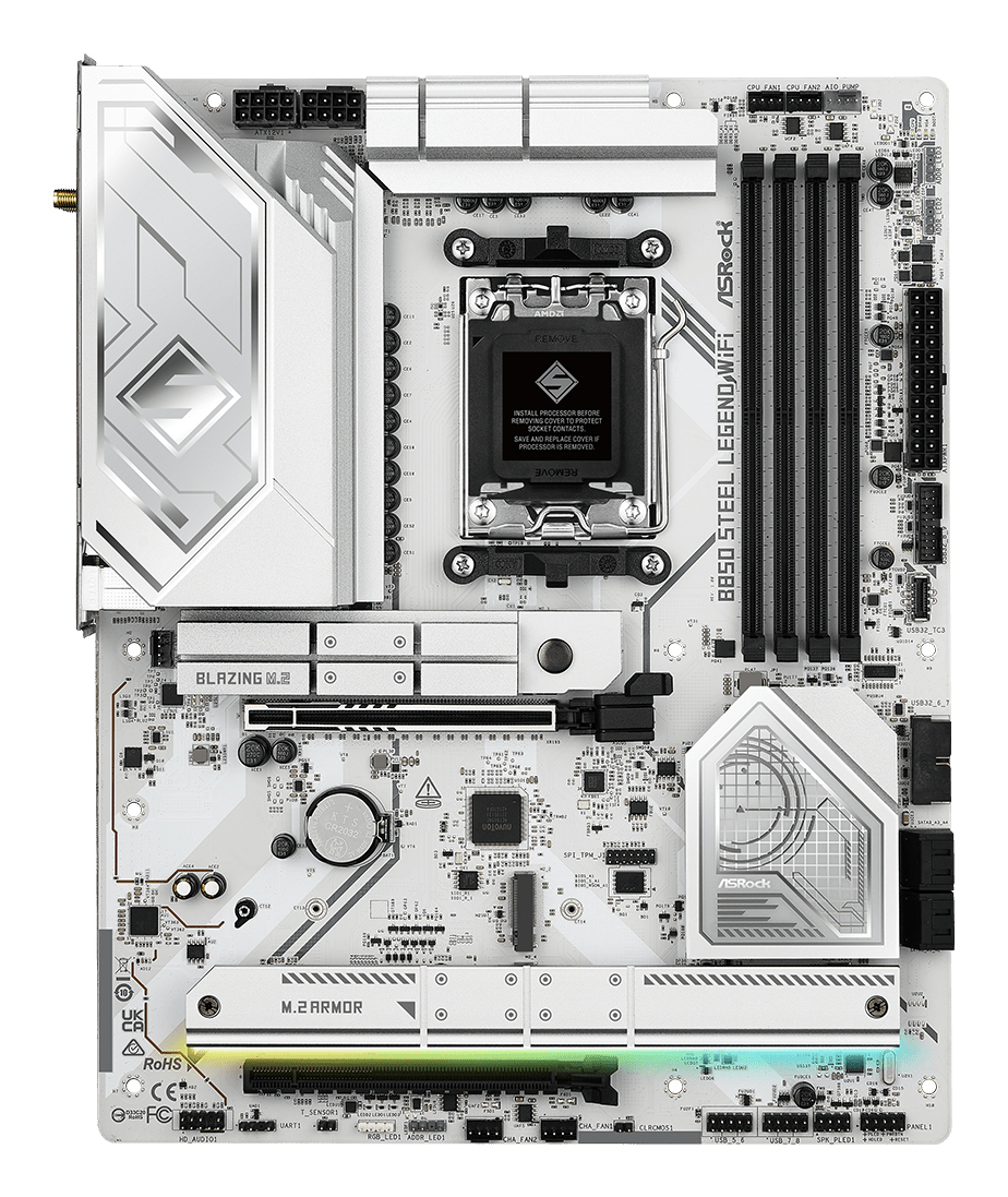 Biała płyta główna ASRock B850 Steel Legend WiFi ze srebrnymi radiatorami i gniazdem procesora.