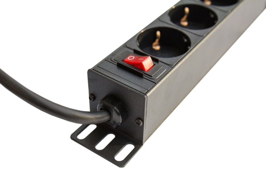 A black power strip with a connected cable and a red on and off switch on a white background.