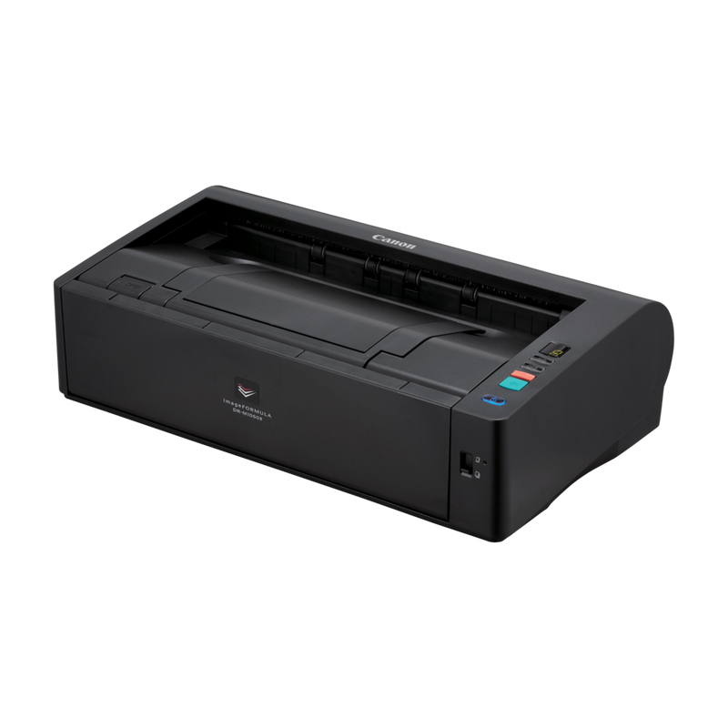 Ein schwarzer Canon imageFORMULA Dokumentenscanner steht auf weißem Hintergrund.