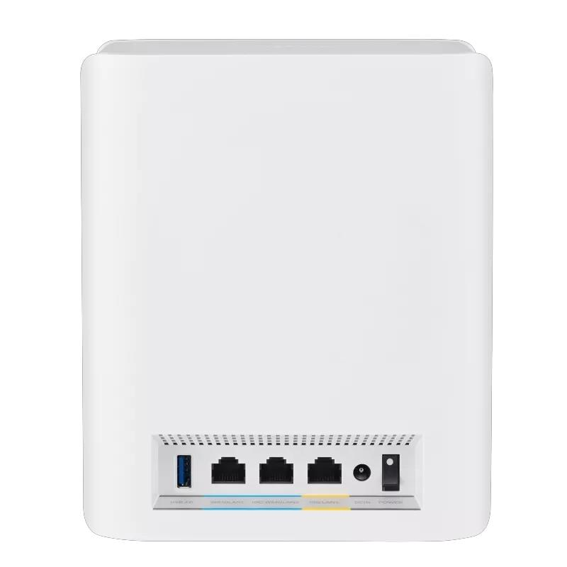 Widok z tyłu białego routera z portami USB, ethernet i zasilania.