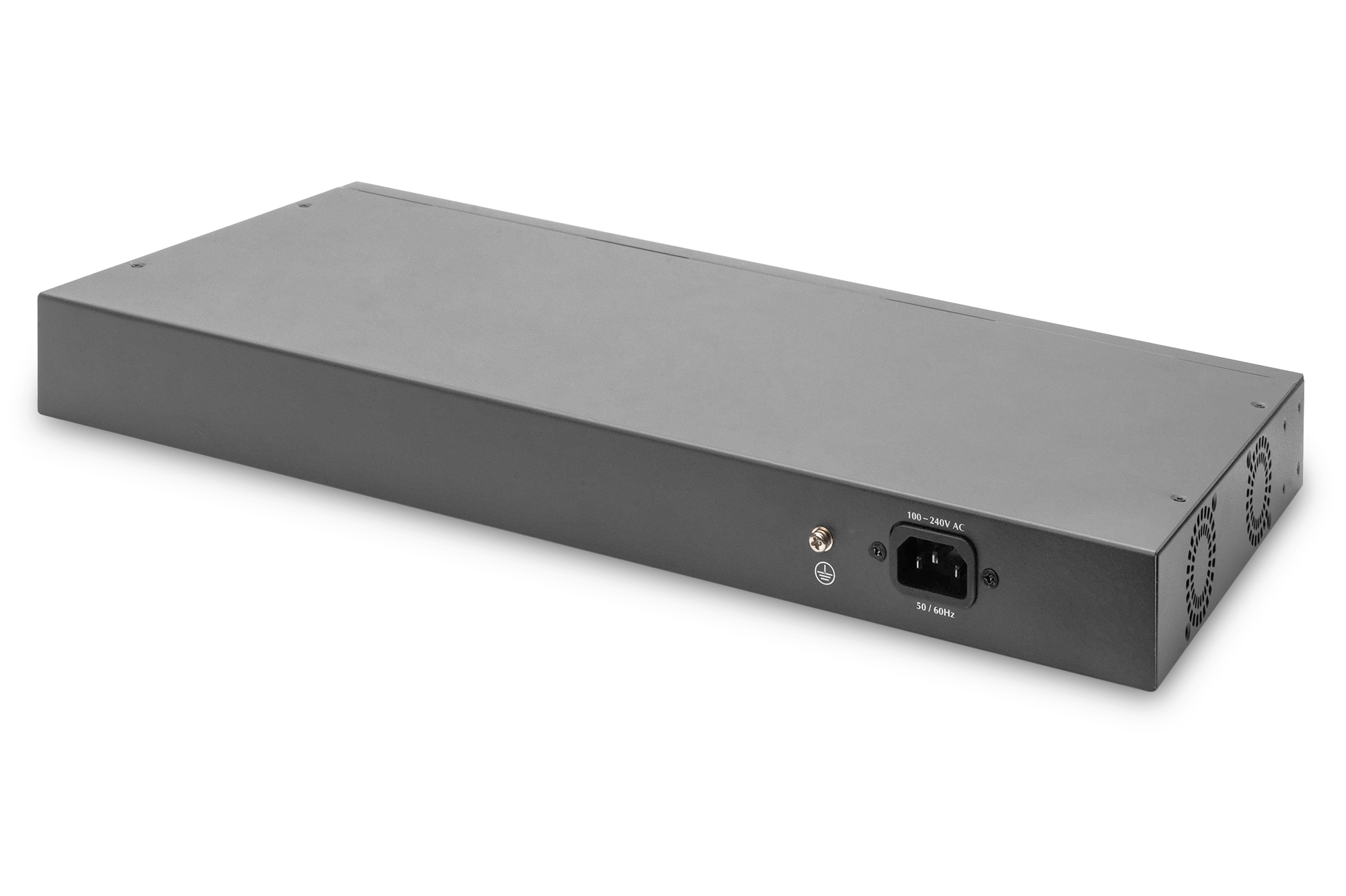 Un chasis electrónico rectangular negro con toma de corriente y rejillas de ventilación sobre fondo blanco.