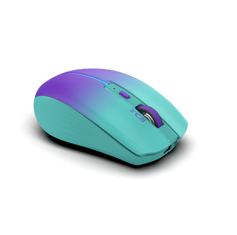 Un mouse per computer wireless con sfumatura da blu a viola e rotellina viola.