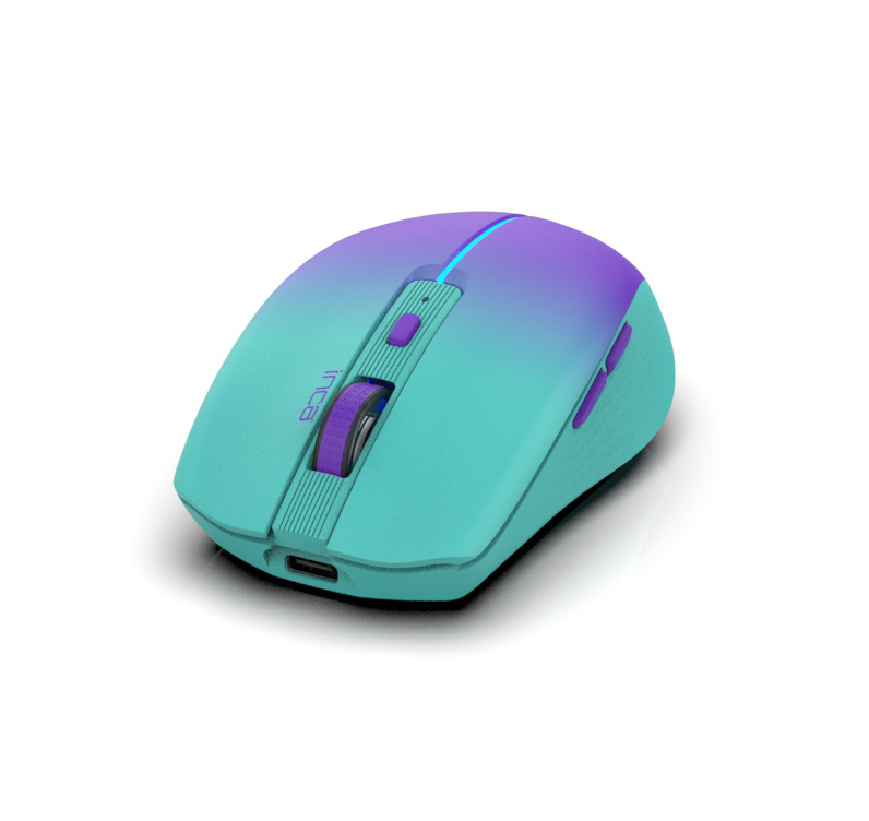 Mouse per computer wireless con sfumatura verde acqua e viola, rotellina di scorrimento e pulsanti laterali.