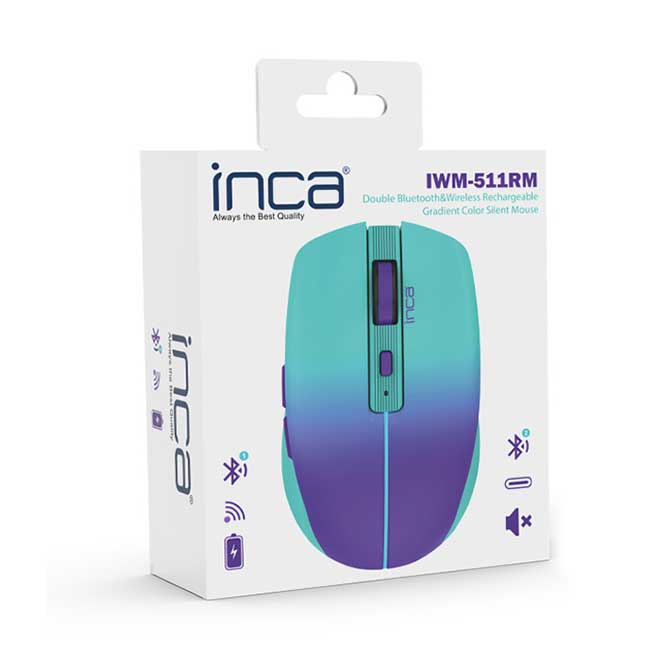 Confezione del mouse wireless Inca IWM-511RM in turchese e viola su sfondo bianco.