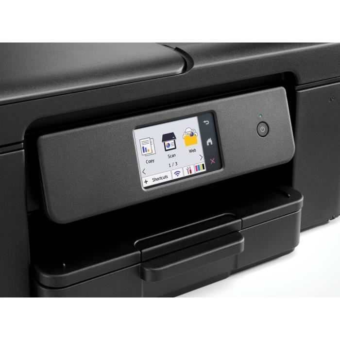 Nahaufnahme eines schwarzen Druckers mit einem beleuchteten Touchscreen-Bedienfeld und Papierfach.