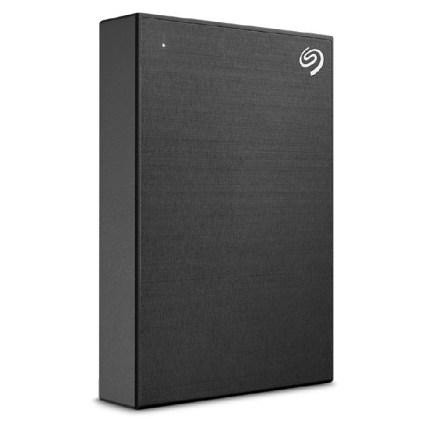 Eine schwarze Seagate externe Festplatte mit strukturierter Oberfläche und weißem Logo.
