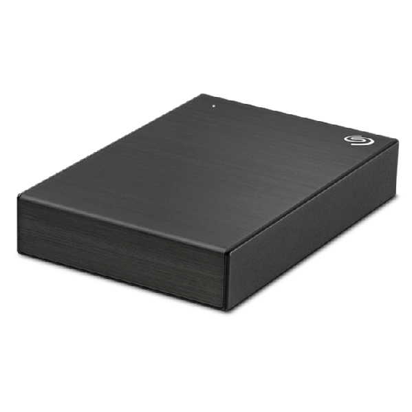 Eine schwarze externe Seagate-Festplatte mit gebürstetem Metallfinish auf weißem Grund.