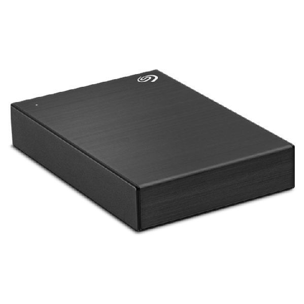 Eine schwarze externe Seagate Festplatte mit gebürsteter Oberfläche auf weißem Hintergrund.