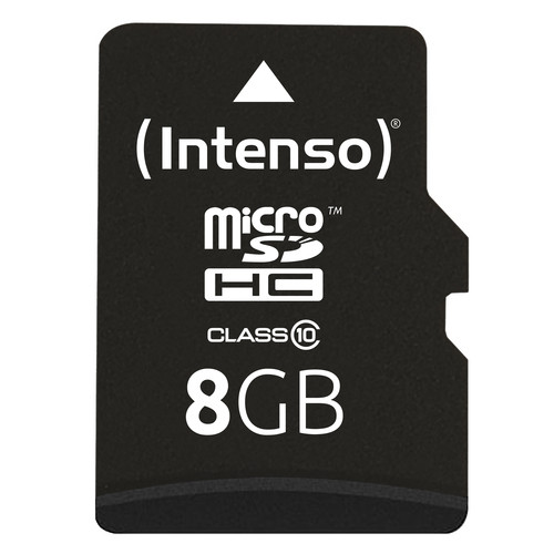 Scheda di memoria MicroSDHC Intenso nera con capacità di 8 GB e classe 10.