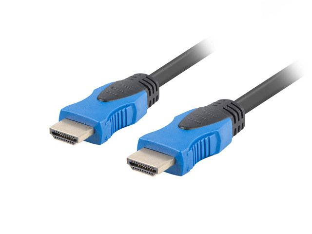 Two black HDMI cables with blue and black connectors on a white background.