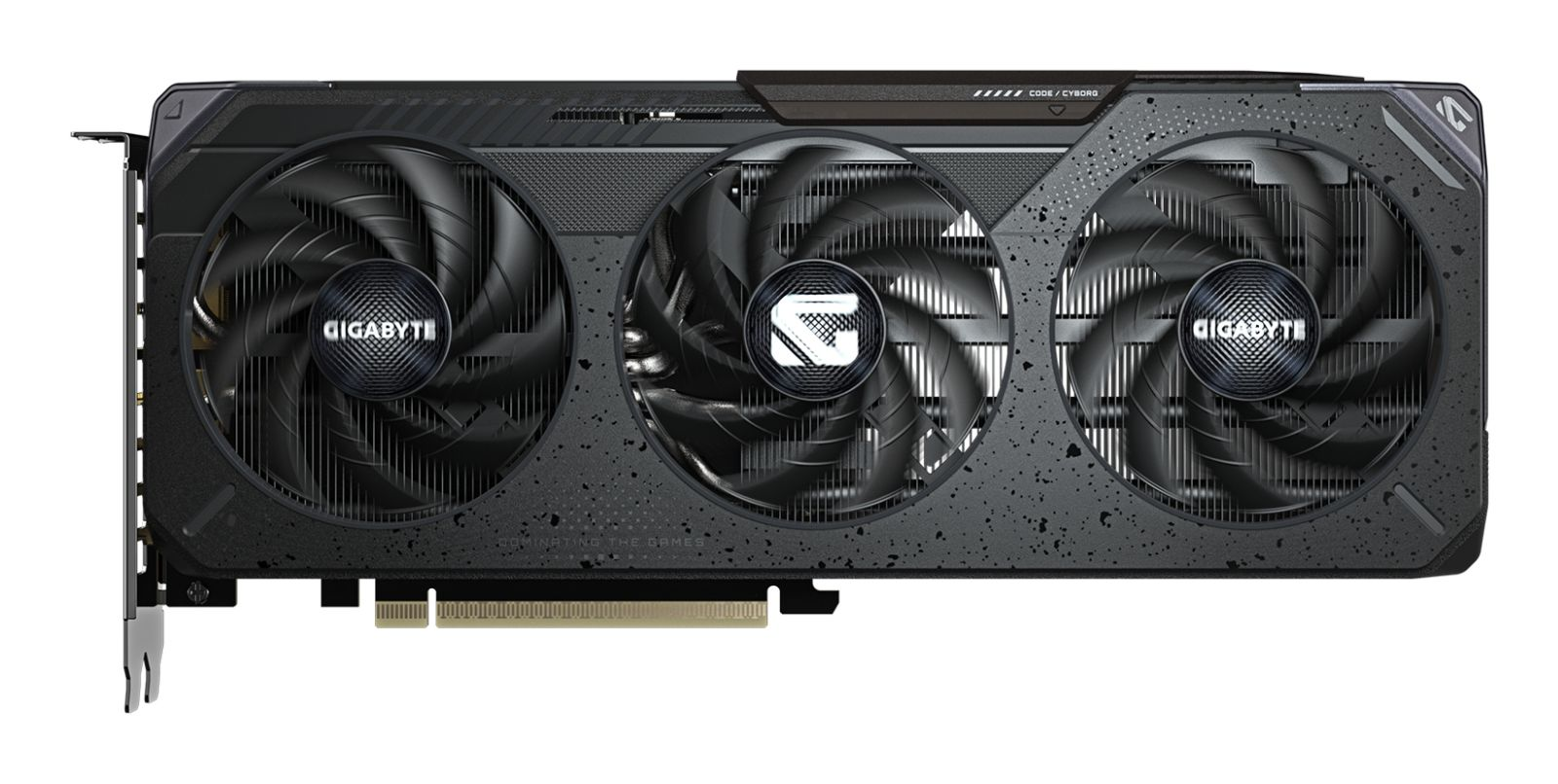 Scheda video Gigabyte nera con tre ventole e design maculato.