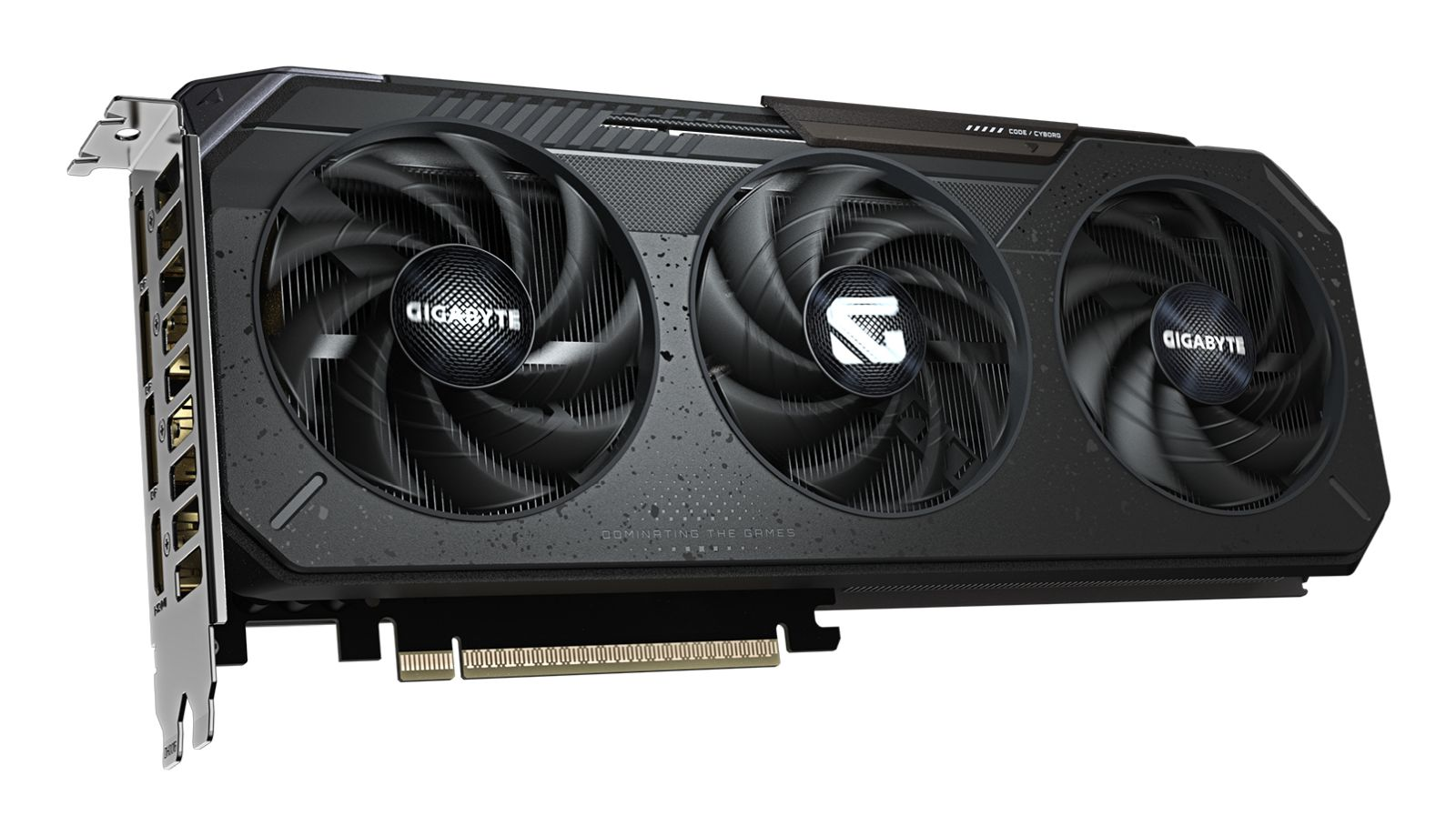 Una scheda grafica Gigabyte nera con tre ventole e connettore PCIe dorato su sfondo bianco.
