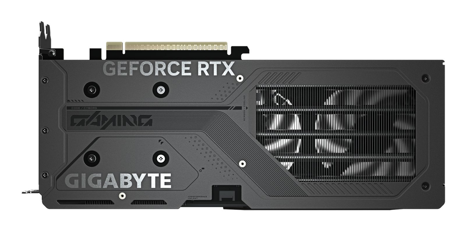 Una scheda grafica nera Gigabyte GeForce RTX con scritta argento e ventole visibili.