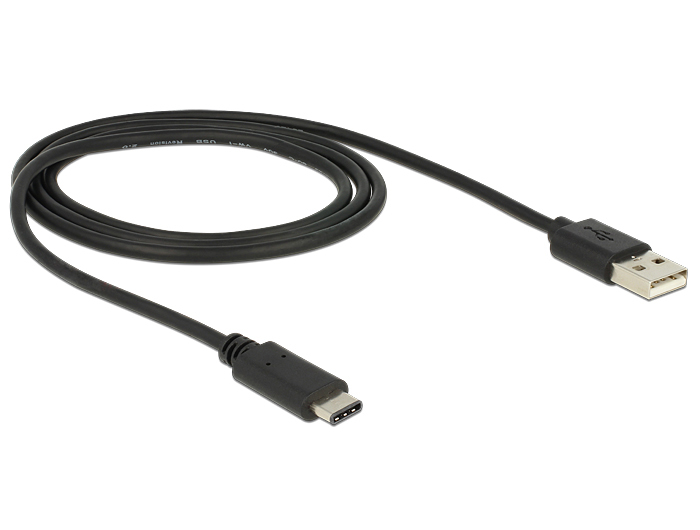 A coiled black USB cable with Type-C and USB-A connectors on a white background.