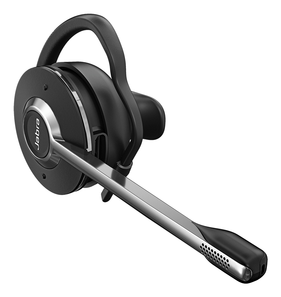 A black Jabra wireless mono headset with a silver microphone boom arm on a white background.