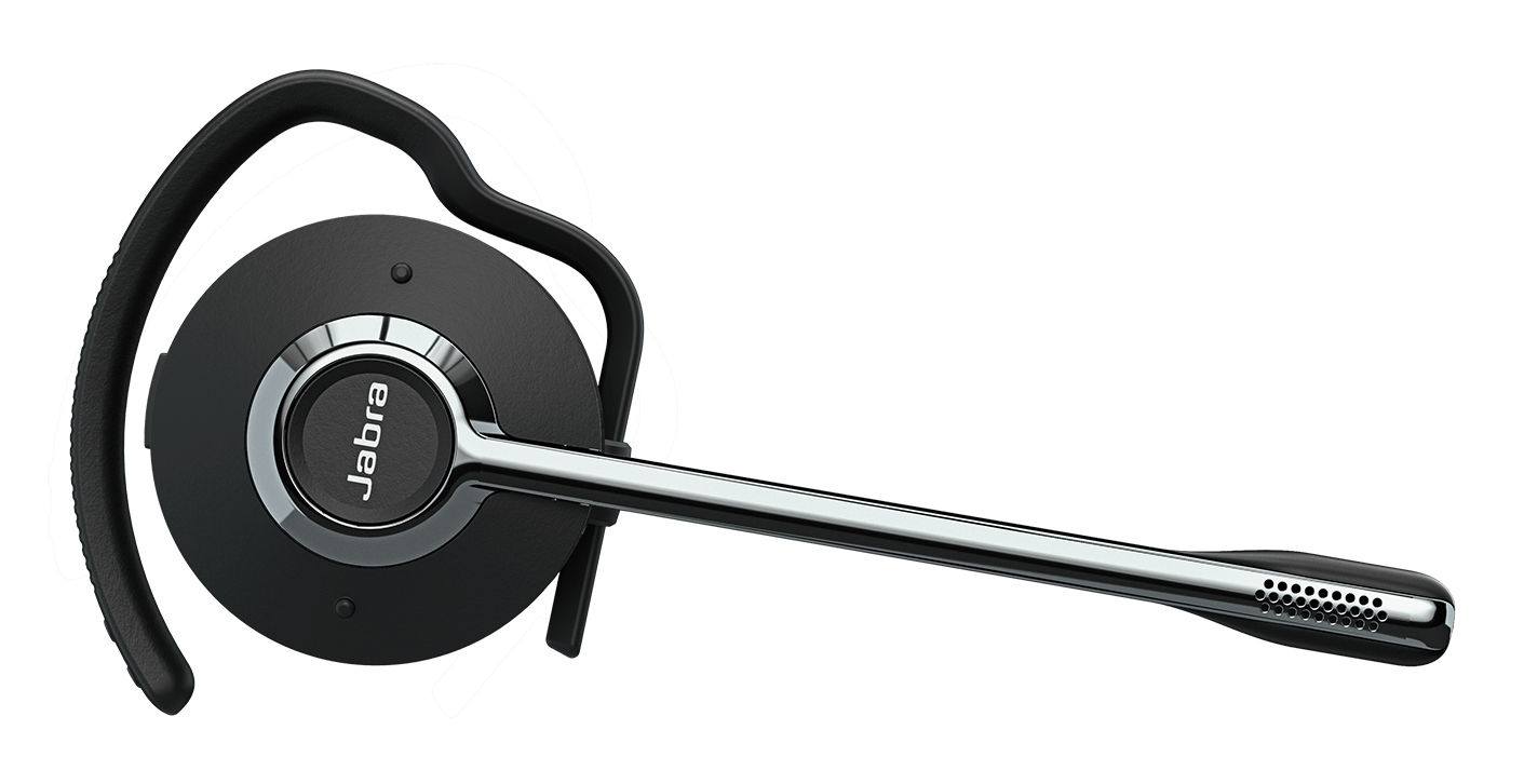 A black Jabra earpiece headset with a silver microphone boom against a white background.