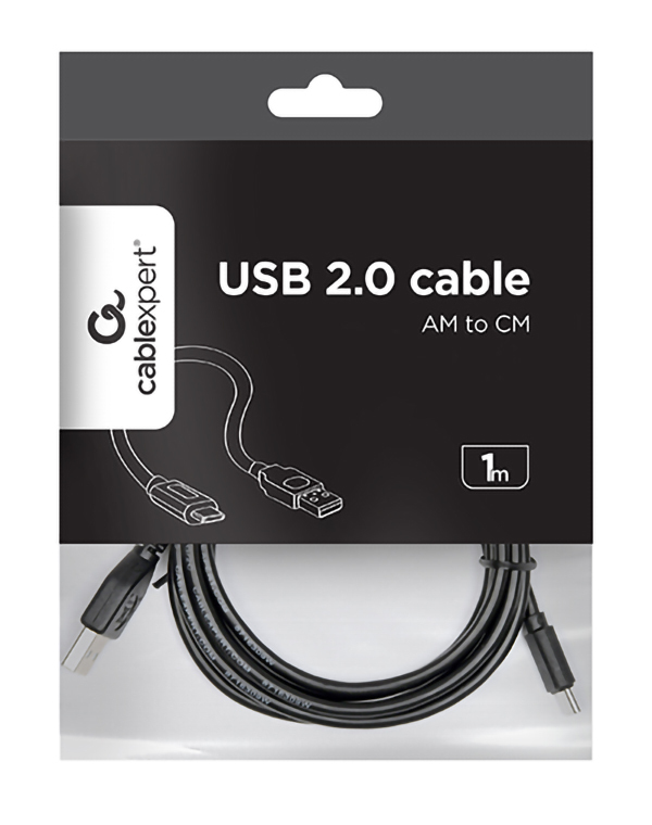 Packaging for a Cablexpert USB 2.0 cable (AM to CM, 1m) with a black background.