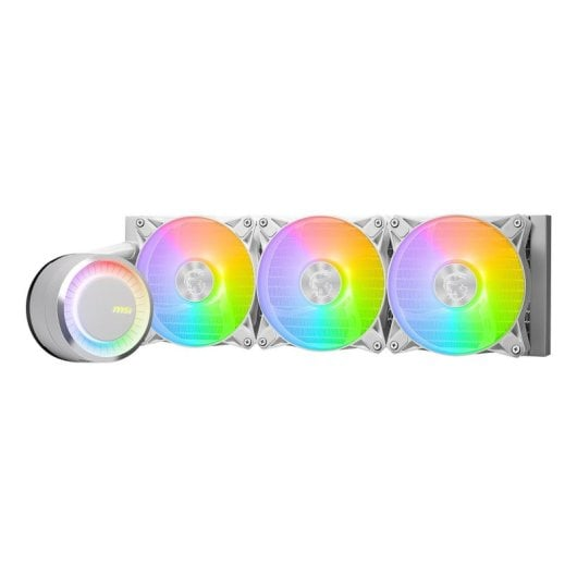 Białe chłodzenie wodne CPU z trzema wentylatorami RGB i podświetlanym blokiem pompy.
