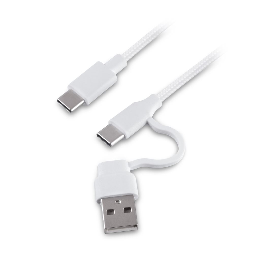 Weißes USB-Kabel mit Typ-C-Anschlüssen und abnehmbarem USB-A-Adapter vor weißem Hintergrund.