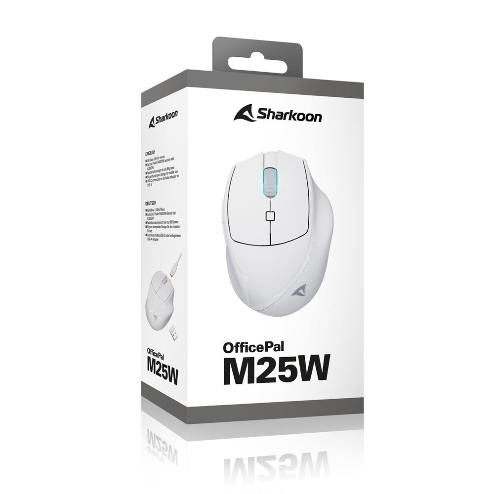Verpackung der weißen Sharkoon OfficePal M25W Wireless-Maus auf hellem Hintergrund.