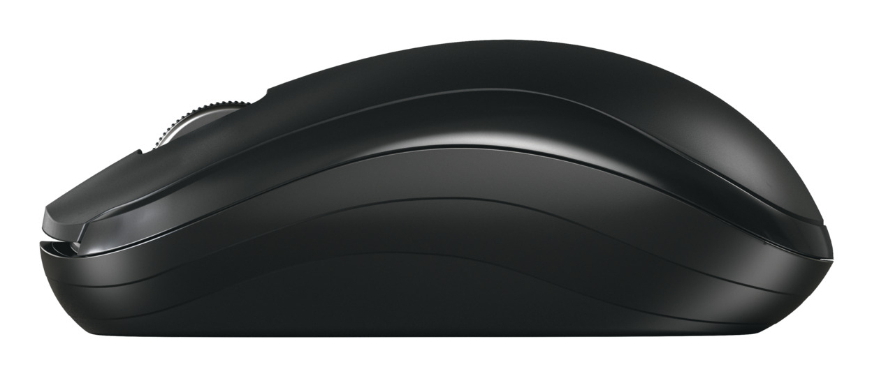Eine schwarze Computermaus in Seitenansicht mit Scrollrad auf weißem Hintergrund.