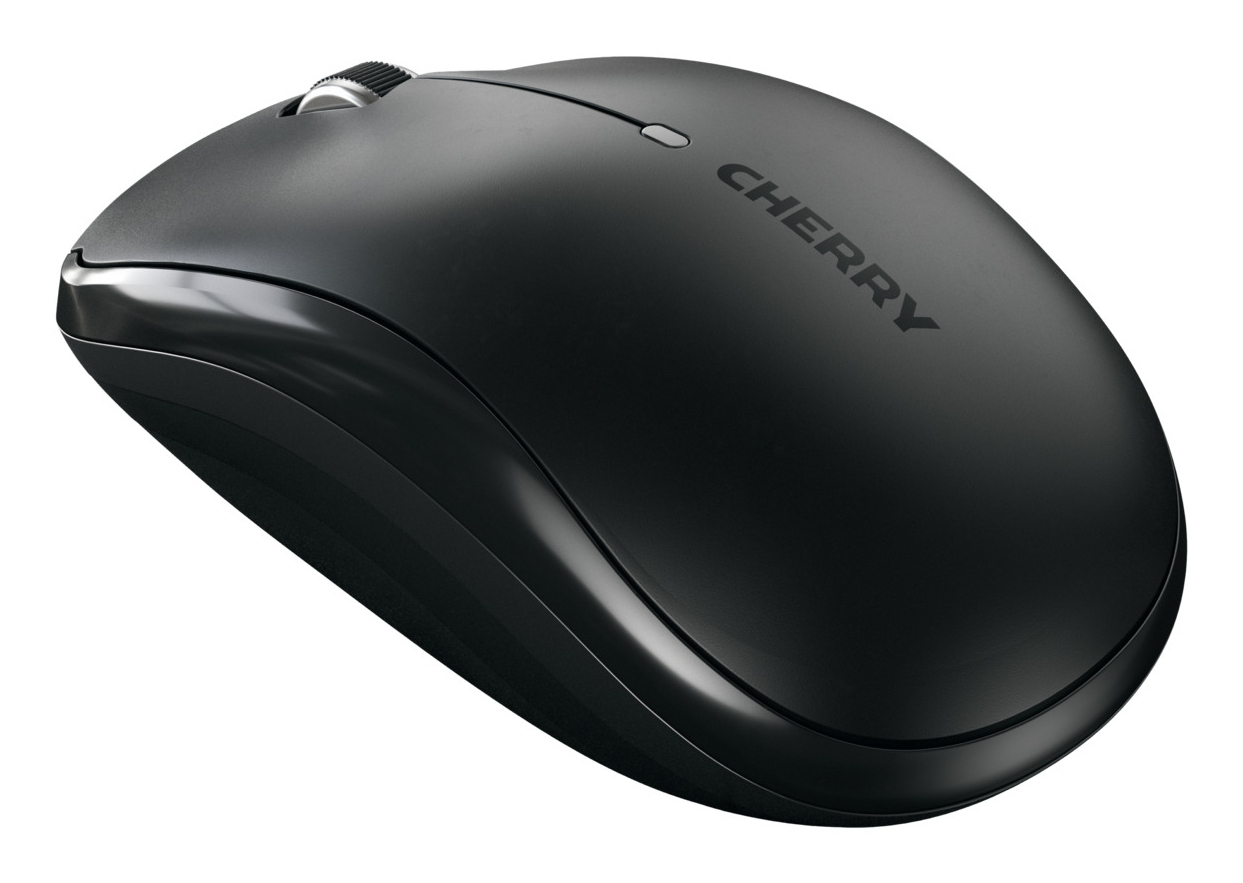 Eine schwarze Cherry-Computermaus aus Dreiviertelperspektive vor weißem Hintergrund.