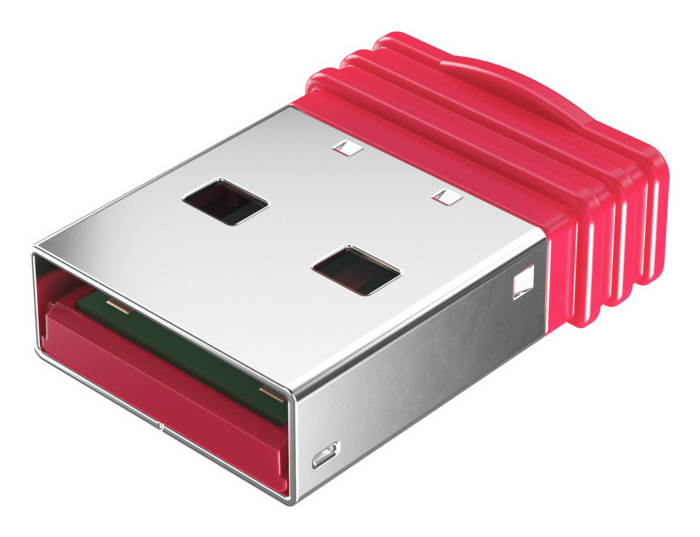 Kleiner USB-Stick mit silbernem Metallanschluss und leuchtend rotem Plastikgehäuse auf weißem Hintergrund.