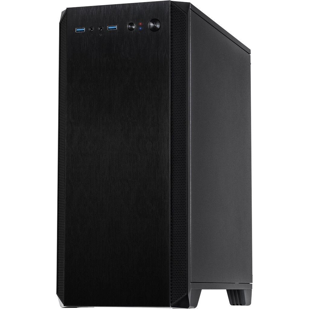 Ein schwarzes Computergehäuse mit gebürsteter Front, USB-Anschlüssen und Ein-/Ausschalter.
