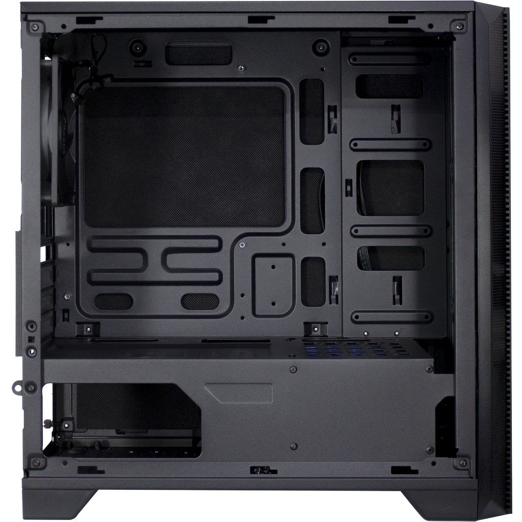 Innenraum eines leeren schwarzen PC-Gehäuses mit Kabeldurchführungen und Netzteilabdeckung.