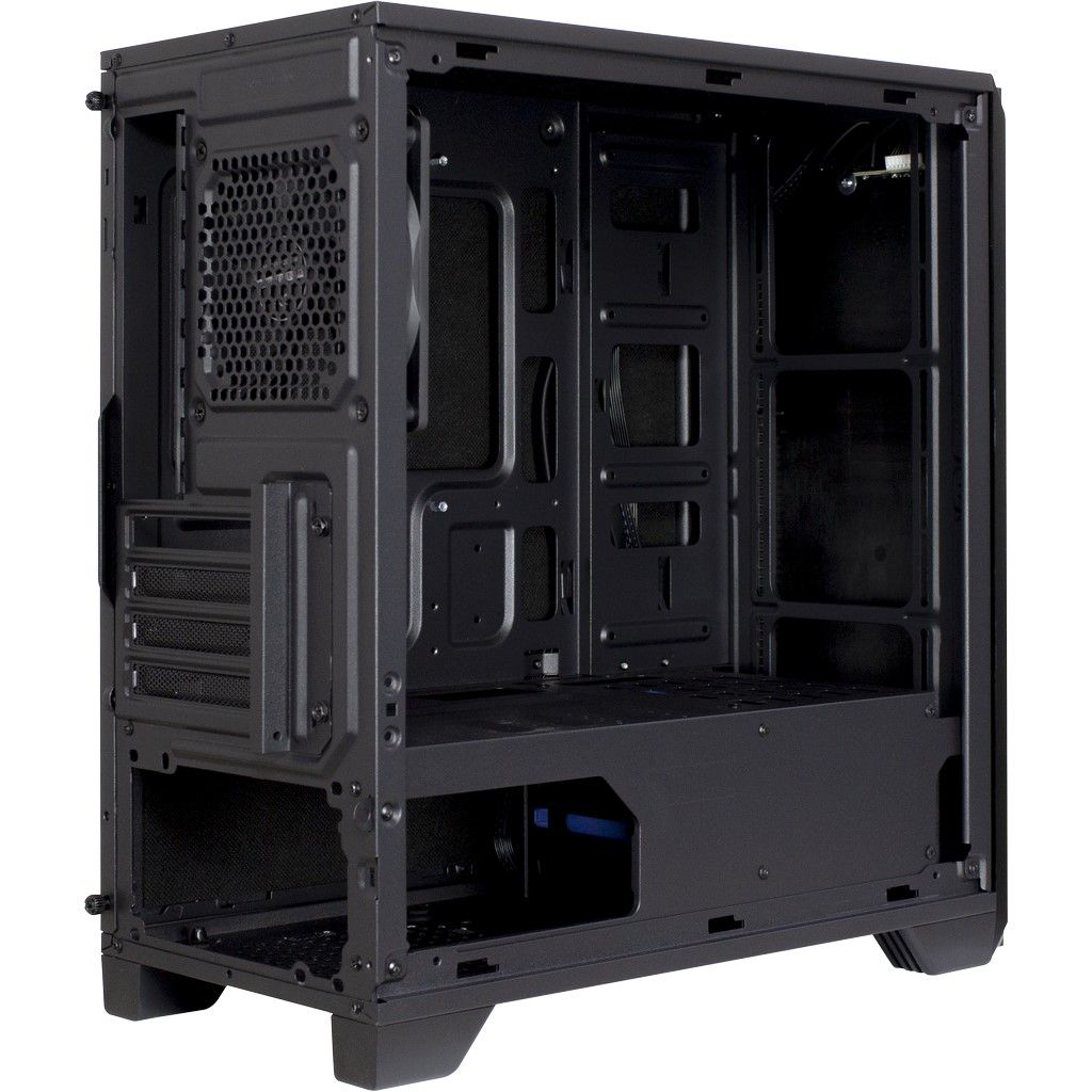 Ein leeres schwarzes PC-Gehäuse mit offenem Seitenfenster und integrierter Netzteilabdeckung.