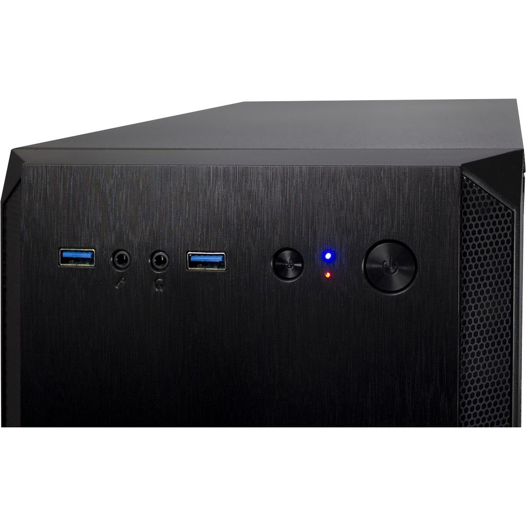 Nahaufnahme der oberen Bedienblende eines schwarzen PC-Gehäuses mit USB-Anschlüssen, Audiobuchsen und Ein-/Ausschalter.