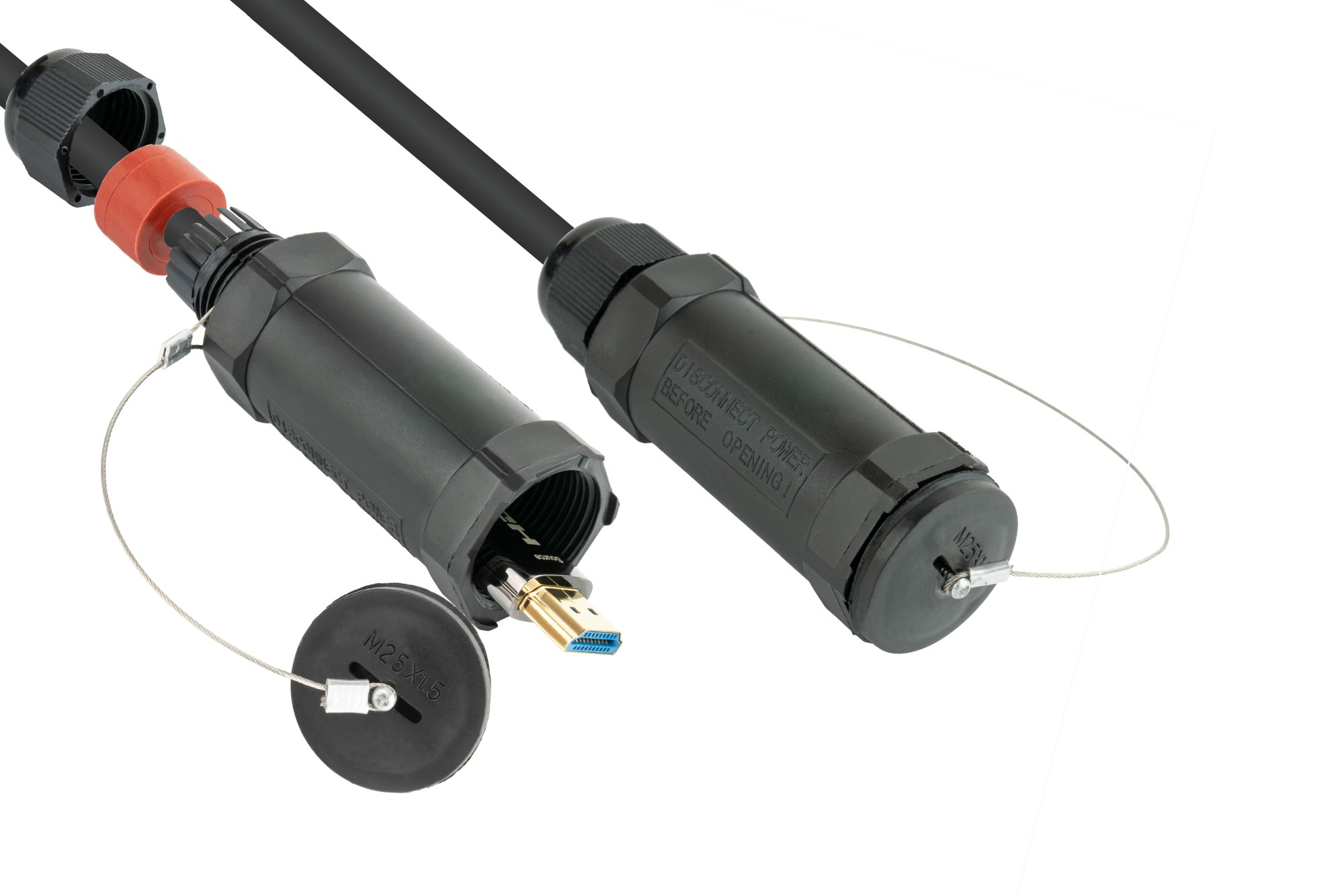 Wasserdichte schwarze Kabelstecker mit rotem Dichtungsring und einem freiliegenden goldenen USB-Anschluss.