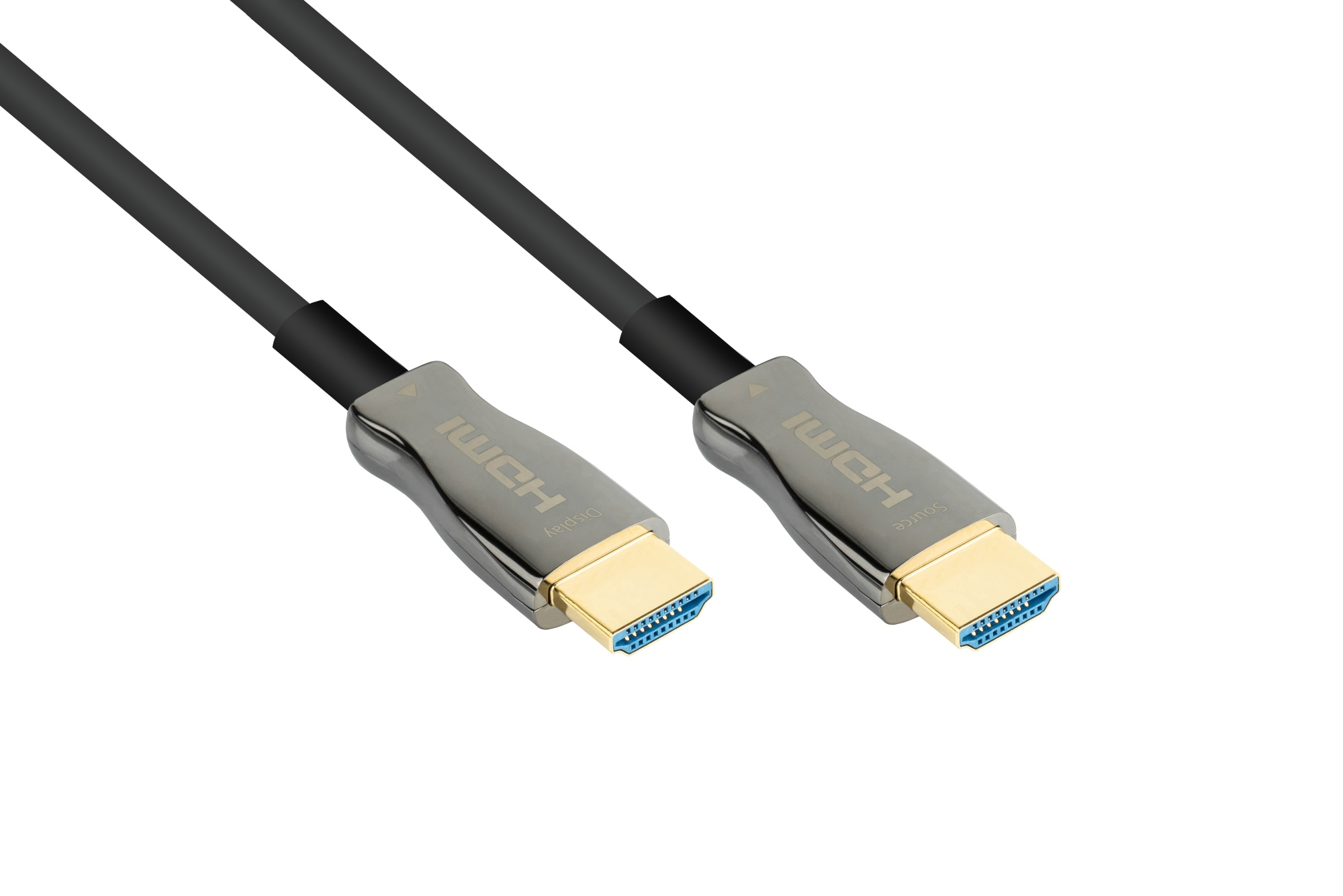 Zwei schwarze HDMI-Kabel mit vergoldeten Anschlüssen auf weißem Hintergrund.