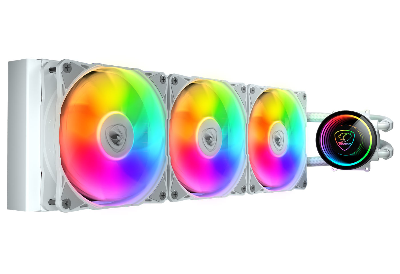 Ein weißer CPU-Wasserkühler mit drei RGB-Lüftern und beleuchtetem Pumpenkopf.