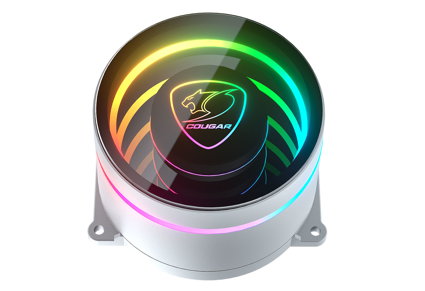 Runder weißer CPU-Kühler mit RGB-Beleuchtung und Cougar-Logo auf schwarzer Kappe.