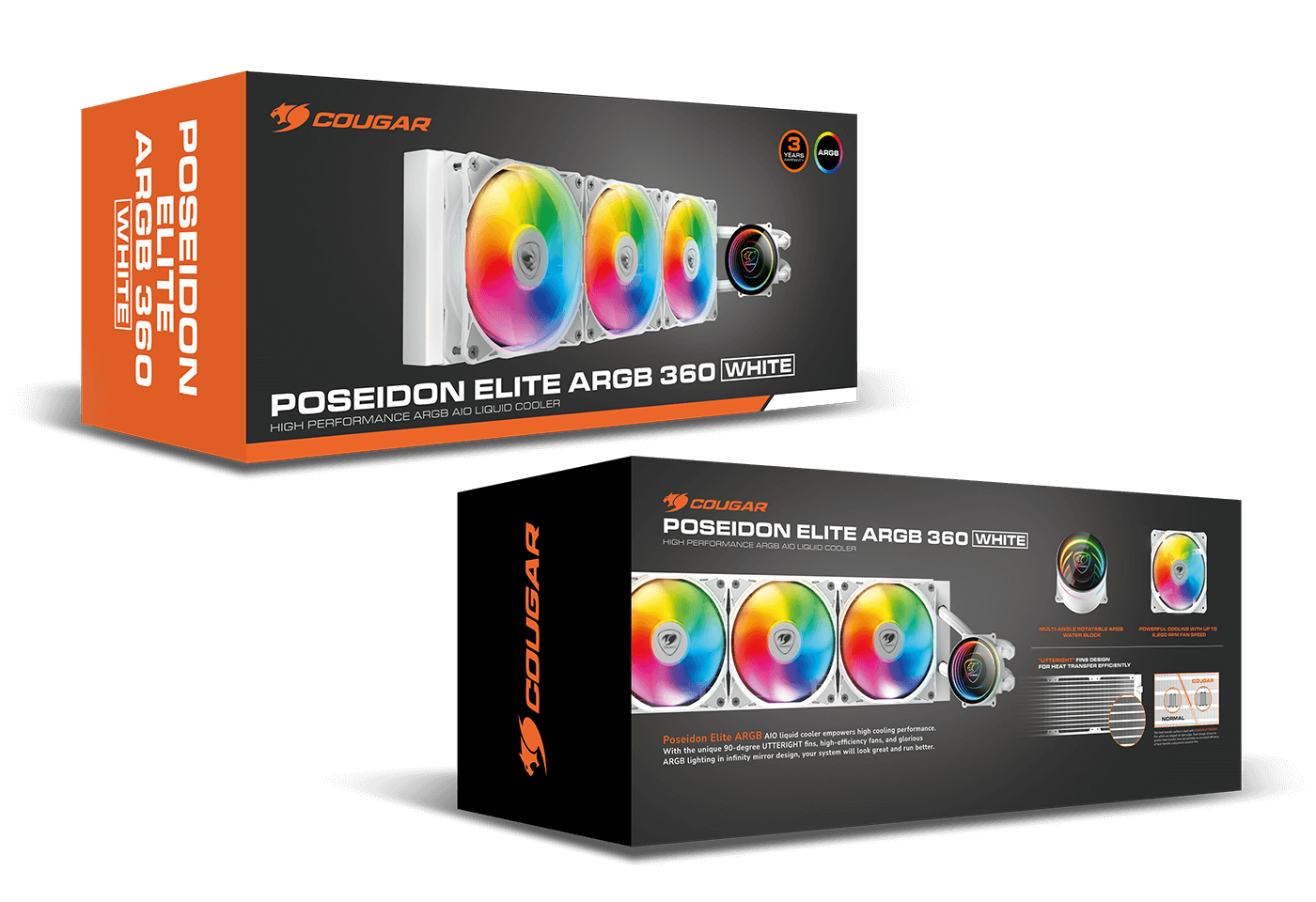 Zwei Produktverpackungen des Cougar Poseidon Elite ARGB 360 White Flüssigkeitskühlers.