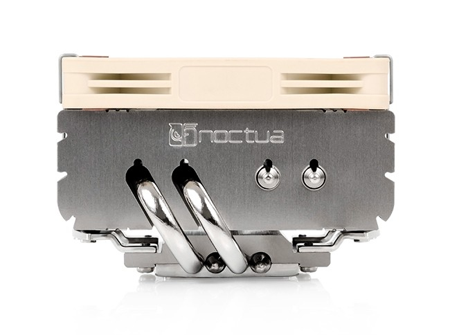 A Noctua CPU cooler featuring silver fins, two shiny heatpipes, and a beige fan on top against a white background.