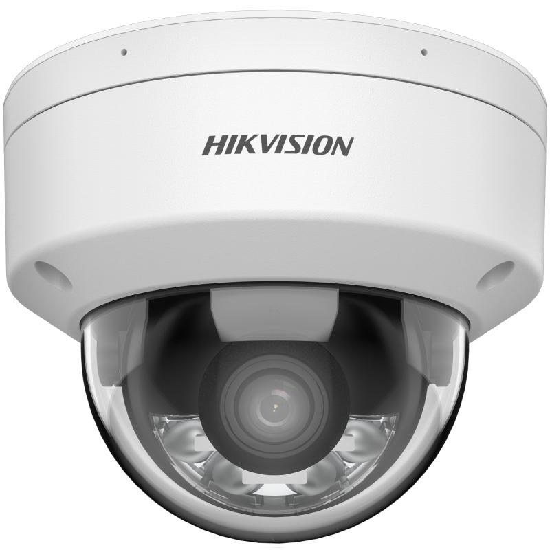 A white Hikvision security camera with a clear glass dome.