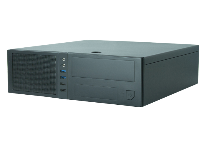 A black desktop computer case featuring USB ports, audio jacks, and a power button on the front panel.