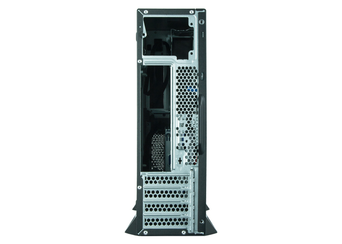 The back of a black PC computer case showing ventilation grilles, expansion slots, and openings.