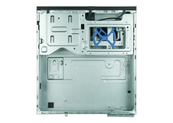 Interior view of a silver computer case with a blue bracket.