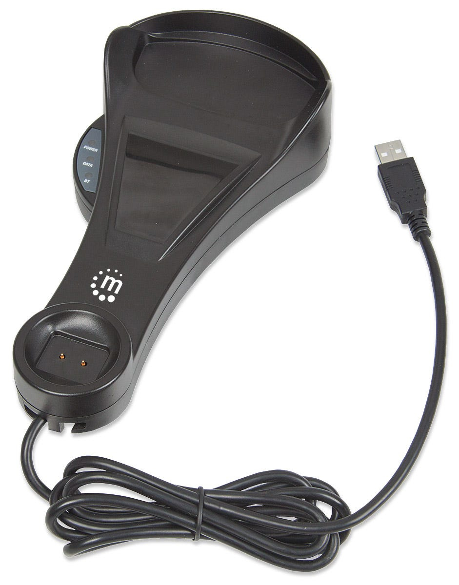 Base di ricarica nera con cavo USB su sfondo bianco.