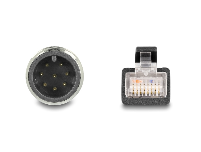 Un connecteur rond argenté avec des broches à gauche et une prise RJ45 noire et transparente à droite, sur fond blanc.
